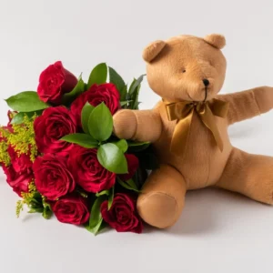 Buquê de 12 Rosas Vermelhas e Pelúcia